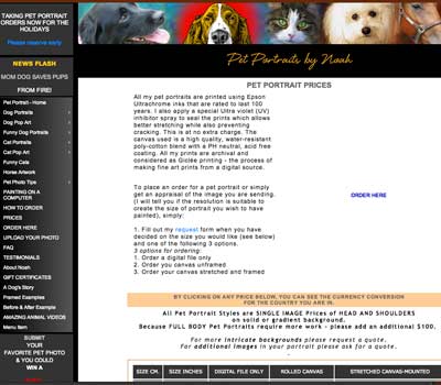 screen shot of order page